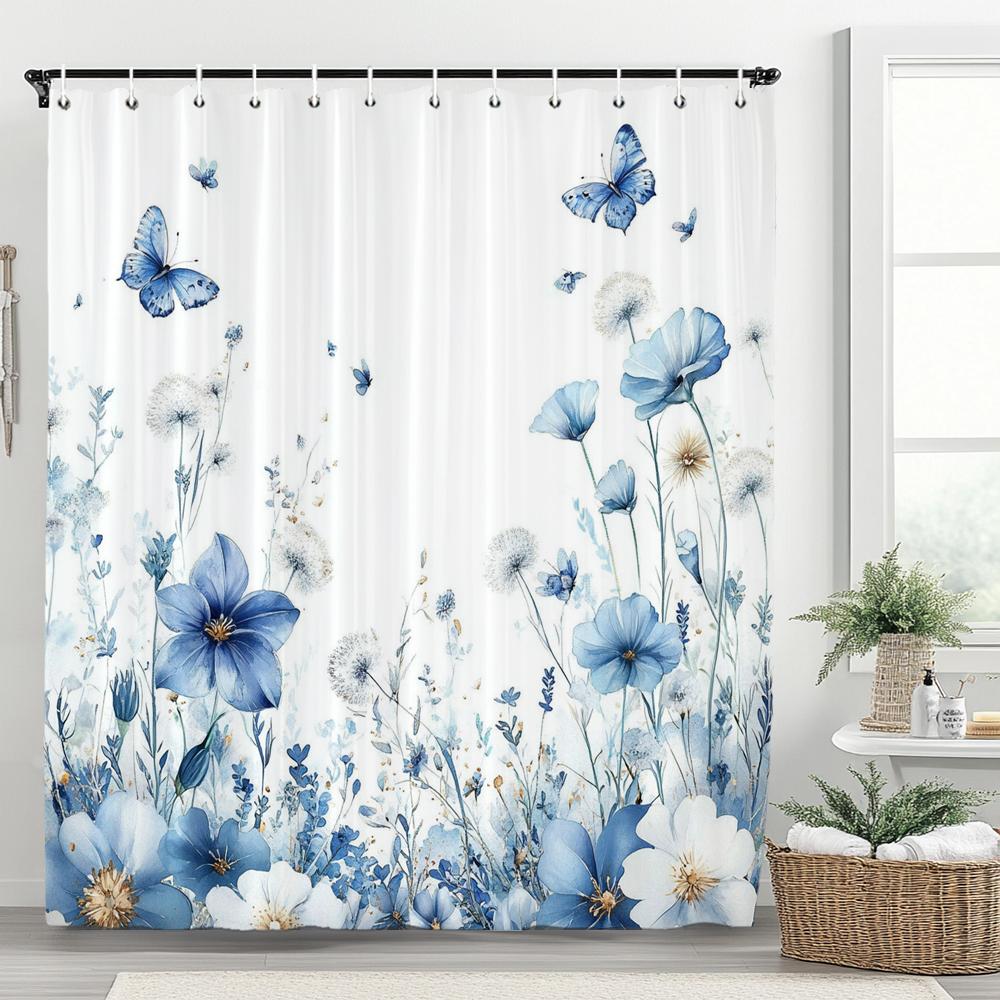 1PC Blue Flowers and Butterflies Shower Curtain,  Floral and Leaf Bathroom Decorative Curtain,Polyester Home Curtain with Hooks