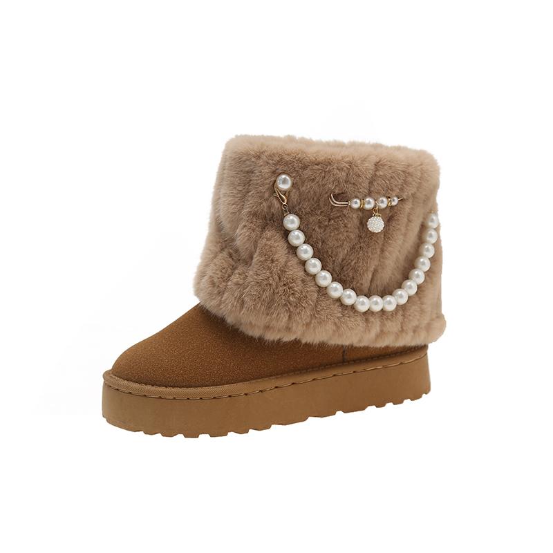 Fashion Platform Heightened Fleece Warm Snow Boots for Women Winter New Round Toe Fuzzy Booties Thickened Beaded Cotton Shoes