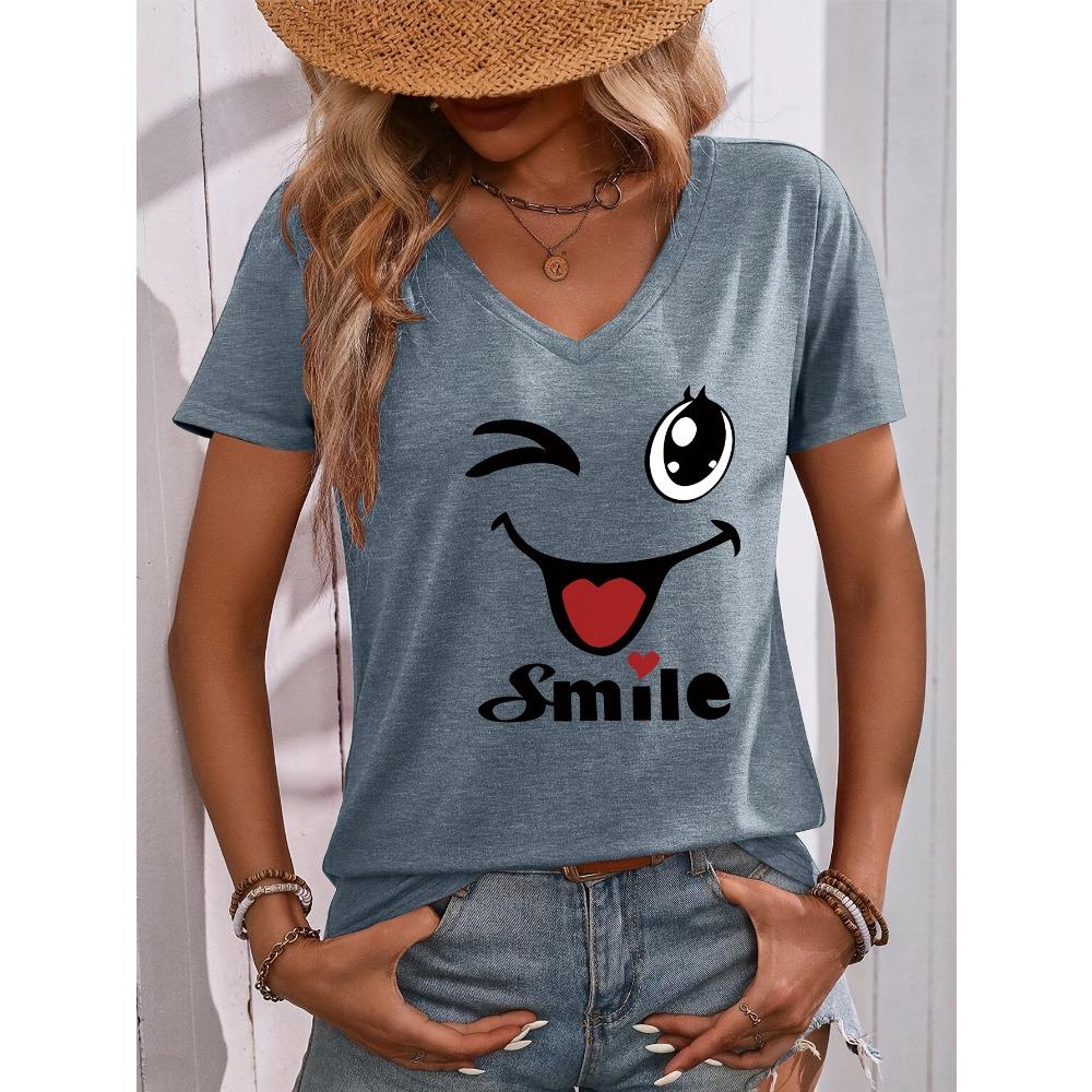 [T-shirt Imprimé Ancre] T-shirt Décontracté pour Femme à Imprimé Ancre et Col en V - Court