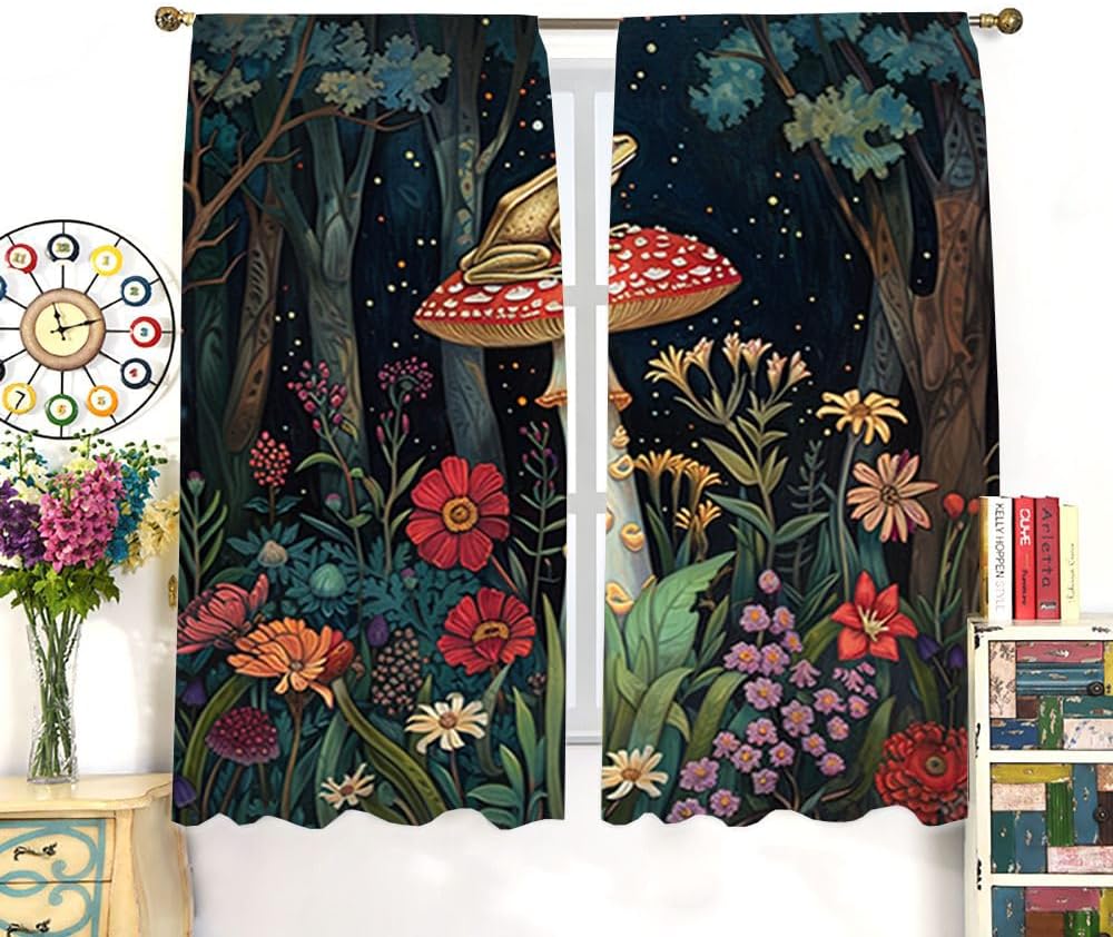 Vintage Rustic Mushroom Frog Blackout Curtains Watercolor Aesthetic Spring Forest Florals Animal Frogs Printed Perforated Curtai