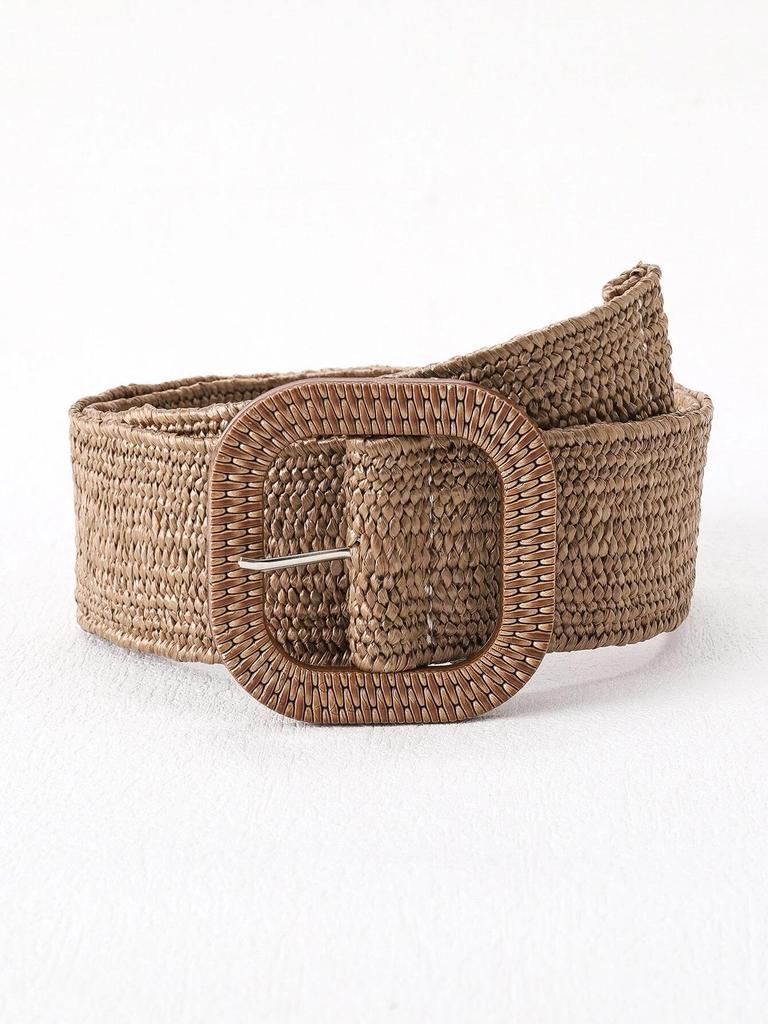 Square Buckle Straw Braid Waist Belt: Natural Pastoral Style, Popular In Europe and America