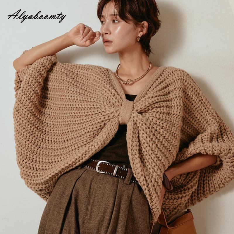 Korean Fashion Batwing Knit Cape Top Oversized Knitted Stylish Sweater Autumn Winter Cozy Loose Black Brown Ladies' Cool Knitting Pullover