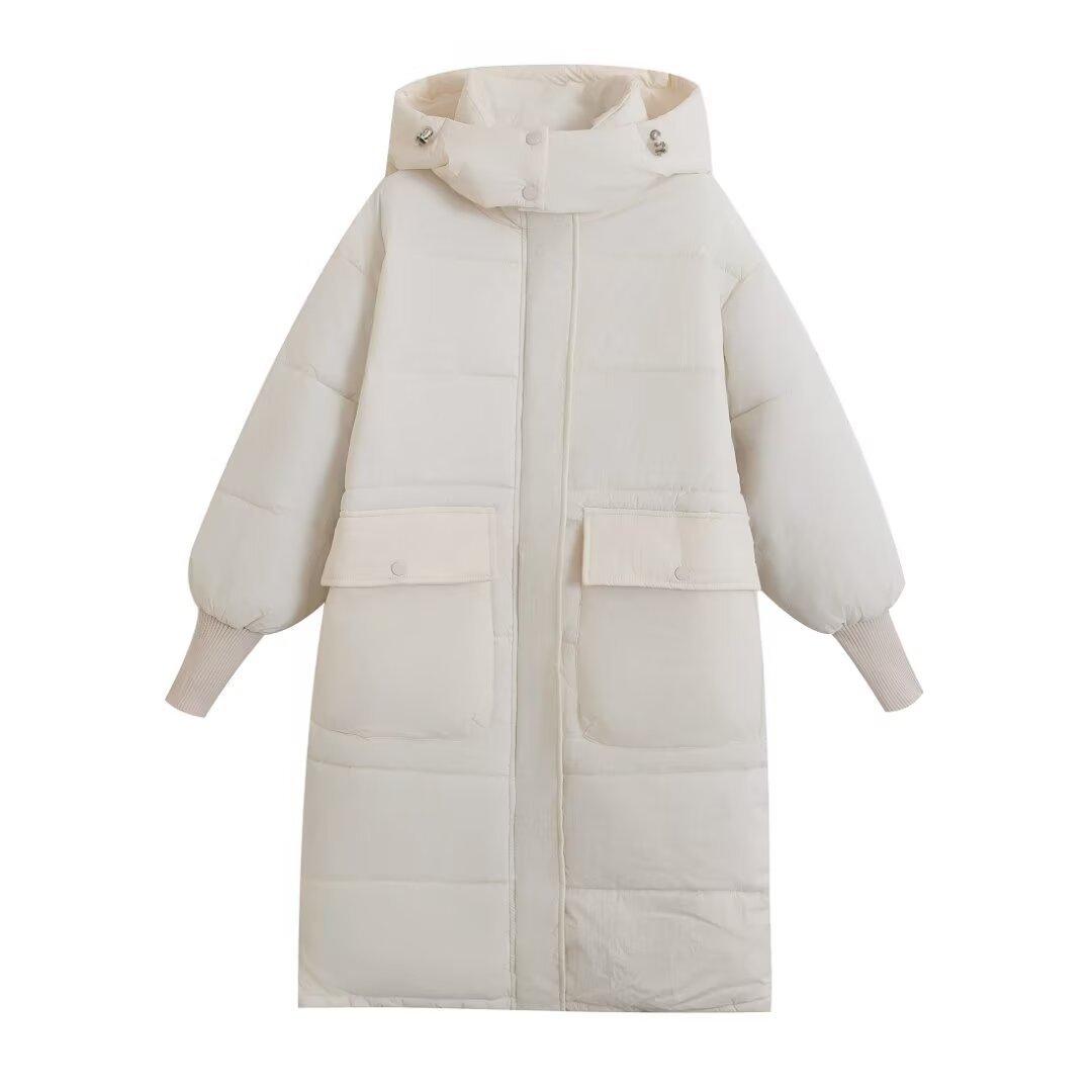 

Женская длинная хлопковая куртка с капюшоном и двумя карманами для зимы, свободная и теплая, ветрозащитное пальто выше колена с рукавами из ниток XL белый