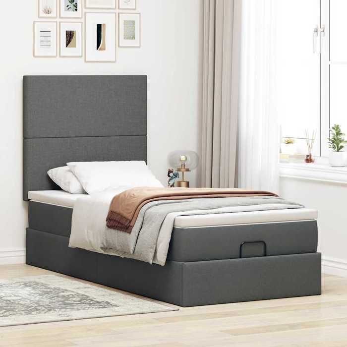 Cadre de lit avec matelas - 80x200 cm - Gris foncé - Rangement sous le lit - Mécanisme hydraulique