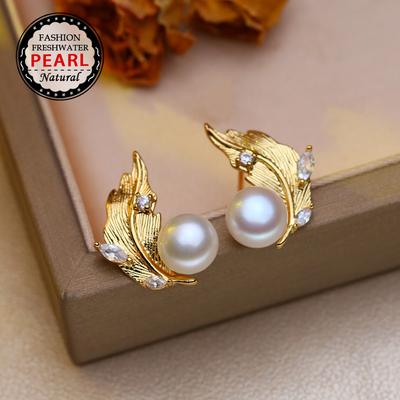 Orecchini in Perle d'Acqua Dolce Naturali Moda Zirconia Cubica Orecchini a Bottone con Perla Per Donna Gioielli da Festa
