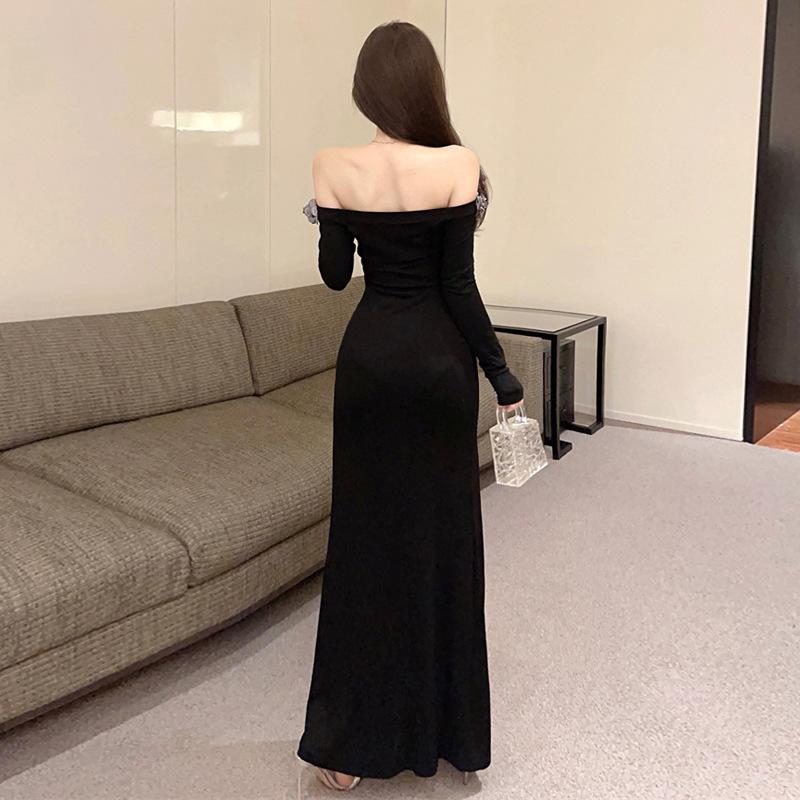 French Sexy Three-dimensional Flower Slim-fitting Split-ended Dress