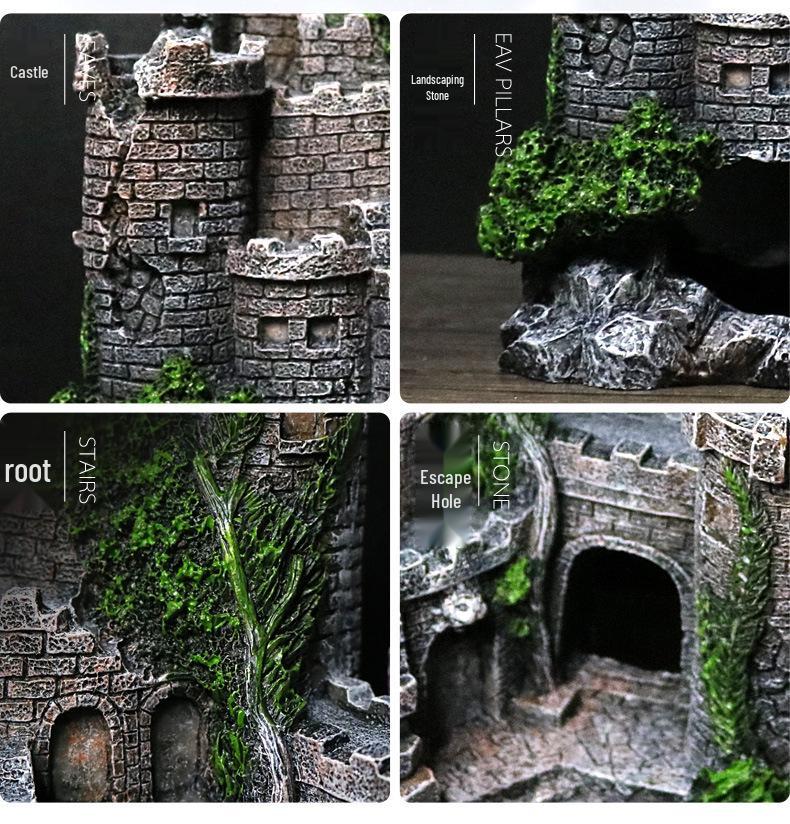 Resin Fish Tank Ornament: Western Castle Cave with Oxygen Feature