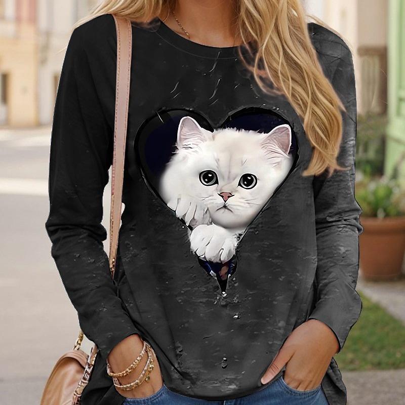 

Spring and Autumn Round Neck Cat in Heart Graphic 3D Printed Top Fashionable Casual Long Sleeved Women s T-shirts S