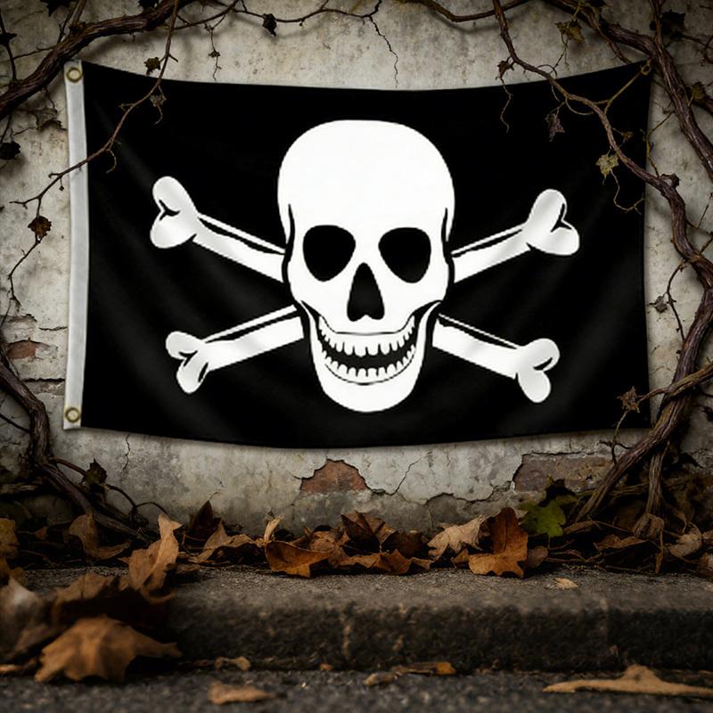 3x5ft Totenkopf Skelett Piratenflagge, 90x150cm Langlebiges Banner mit 2 Messingösen, Horror Dekoration für Halloween Außenbereich Haus Garten Veranda Party Dekoration