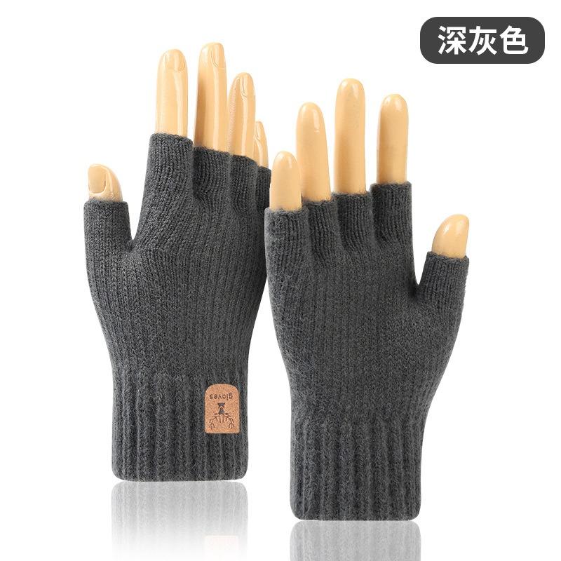Thickened Half-finger Gloves Autumn and Winter Velvet Knitted Cold-proof and Warm Half-cut Writing Wool Leaking Finger Gloves