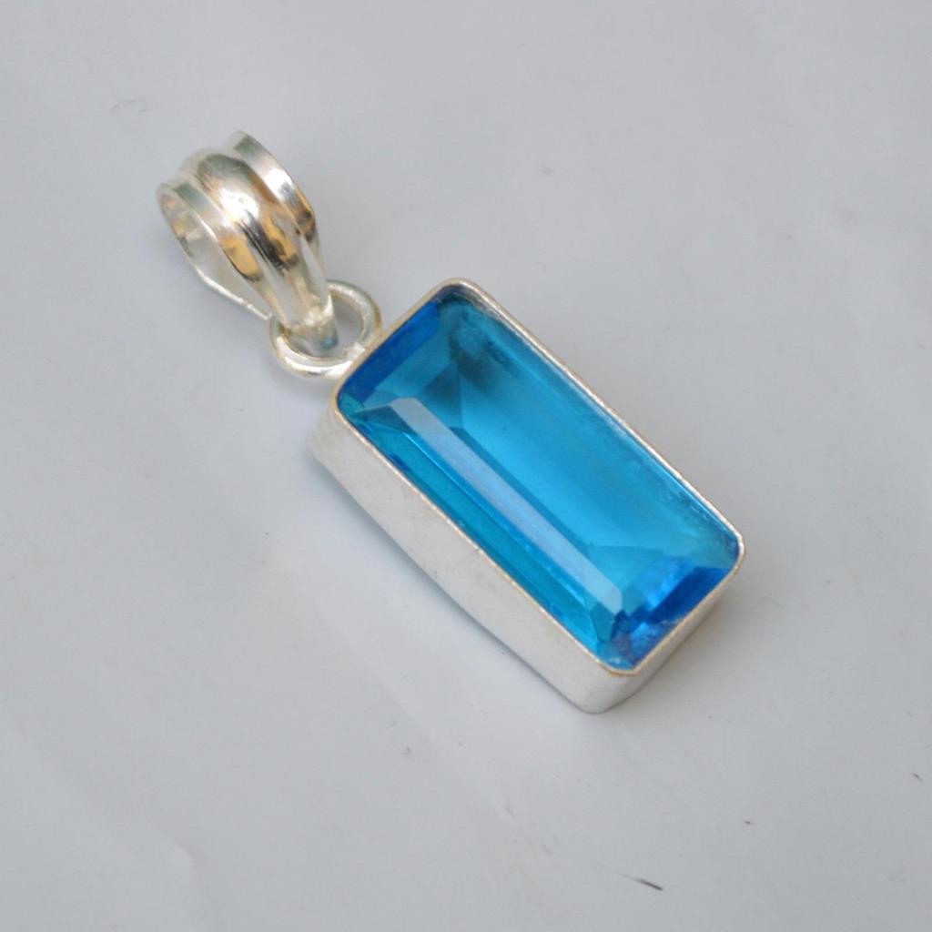 Emerald Cut Blue Quartz Gemstone 925 Sterling Silver Gift Pendant