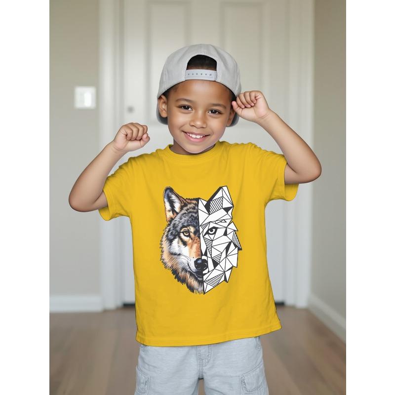 European Size Boys Round Neck Short Sleeved T Shirt with Mechanical Werewolf Pattern