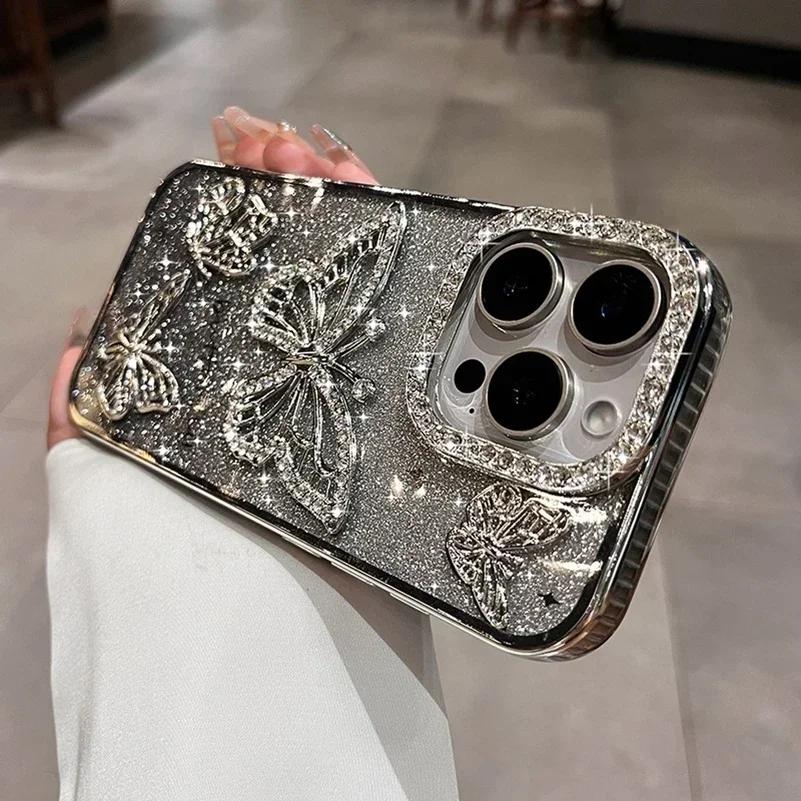 Plating Women Girl's Diamond Butterfly Phone Case for iPhone 17 16 11 12 13 14 15 Pro Max Plus Transparent Soft Silicone Cover