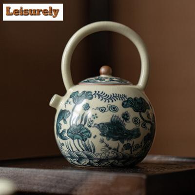 260ml Sahte Song Ru Fırını Çaydanlık Retro Balık ve Yosun Desenli Kaldırma Kirişli Pot Çay Demleme Kettle Çay Takımları Koleksiyonu