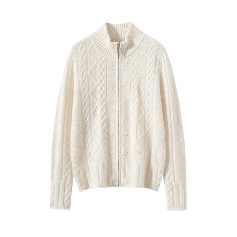 Women's 100% Cashmere Cable-Knit Cardigan Coat – Long Sleeve, Half High Neck, Zip Closure, Loose Fit