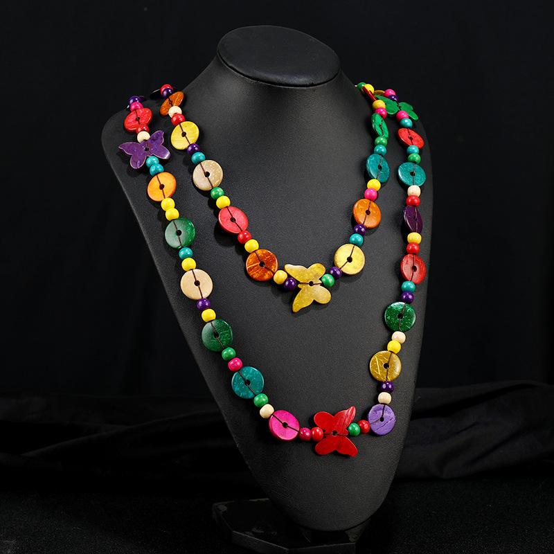 Bohemian Color Coconut Shell Wood Necklace Women's Vintage Double Layer Stacked Long Pendant Accessories