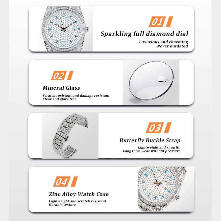 Iced Out Full Diamond Watch for Men Women Luxury Bling Rhinestone Quartz Watch with Date Luminous Hands Waterproof Analog Wrist Watch