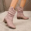 Damen Slouch Westernstiefel, Retro Einfarbig V-Ausschnitt Klobige Absätze Schuhe, Lässige Schlupf-Kurzstiefel