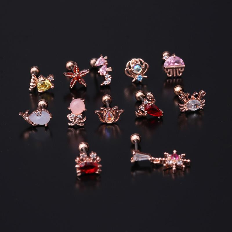New Fashion Ear Bone Nail Zircon Piercings Jewelry Stainless Steel Ocean Series Earrings Sea Animals for Girl