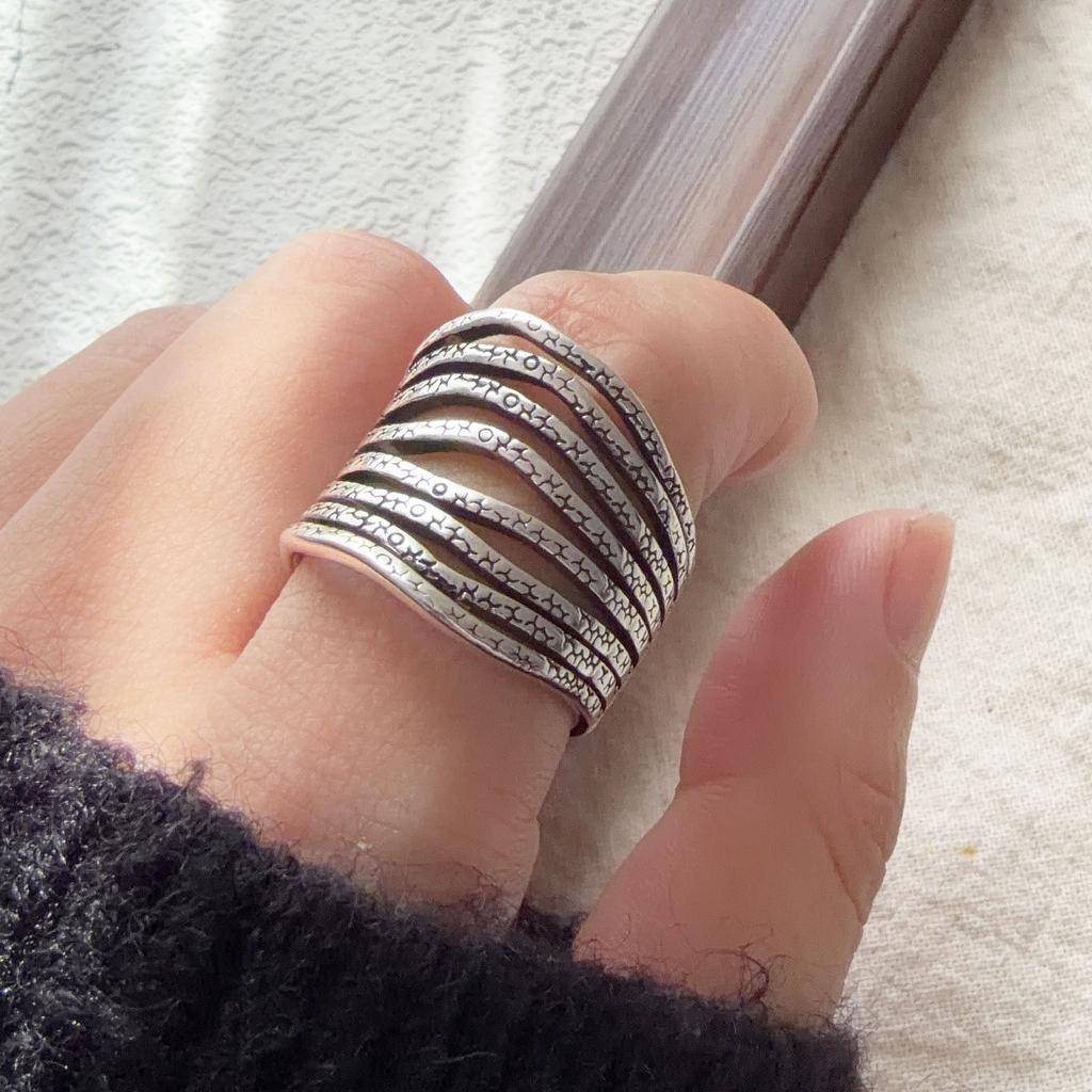 925 Sterling Silver Rings For Women Geometric Fine Jewelry Finger Adjustable Wide Interlines Ring For Party Birthday Gift