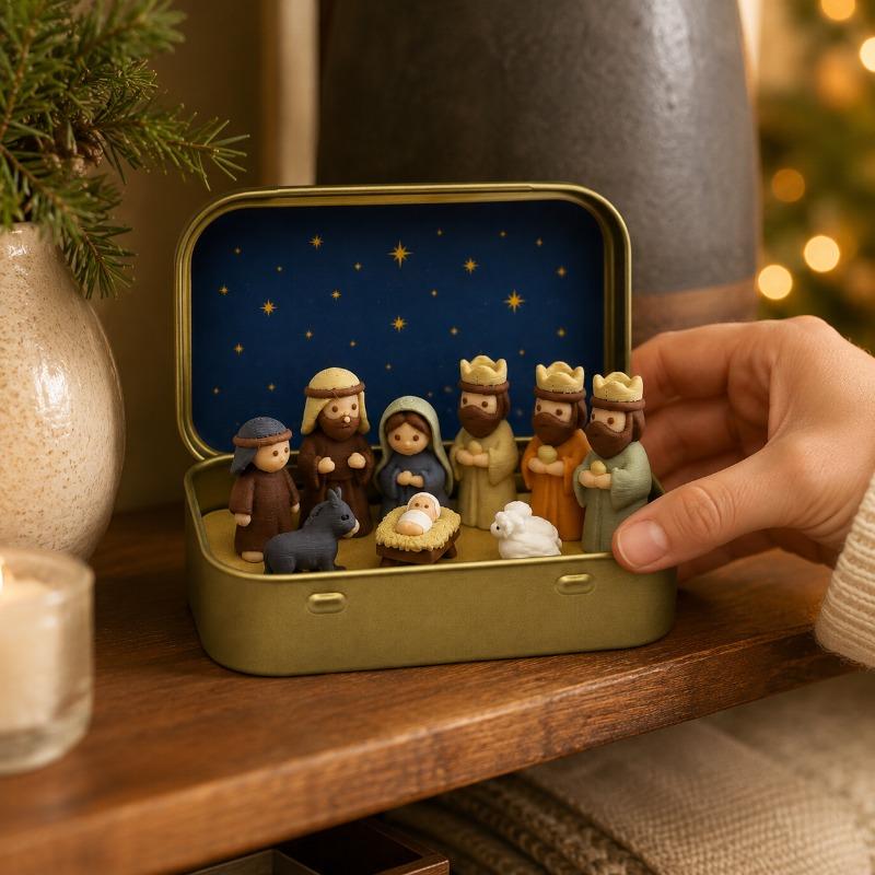 Pocket Mini Nativity Figurine Set with Metal Box, Portable Christian Desktop Christmas Ornament Souvenir