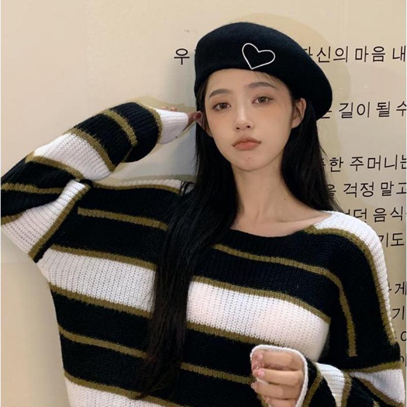 Love Embroidered Tweed Beret Hat Female Autumn And Winter Korean Version Retro Painter Hat