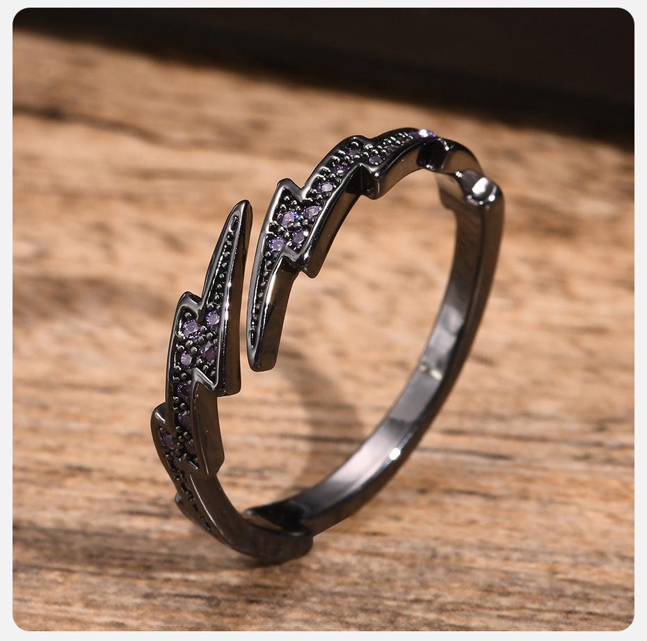 Vnox Gothic Black Lightning Open Ring for Men Women,Stylish Purple Cubic Zircon Stones Finger Band, Adjustable Fashion Jewelry