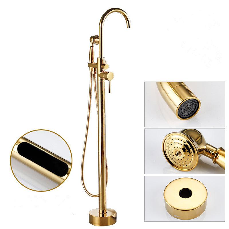 Tuqiu Gold Bathroom Bathtub Faucet + Handheld Shower Free Standing Luxury Waterfall BathTub Mixer Taps Floor Mounted
