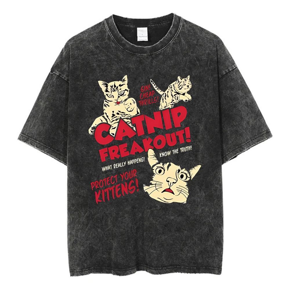Animal Printed T Shirt Men Retro Washed 100% Cotton Tops Tees Harajuku Tshirt Streetwear Male Acid T-shirts Unisex