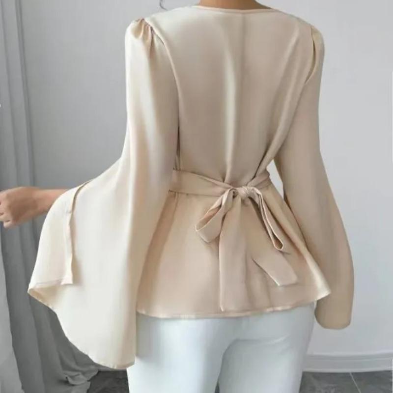 Shirt French High-end Temperament Socialite Satin Swing Collar Long-sleeved Shirt Summer New Strap Waist Short Top