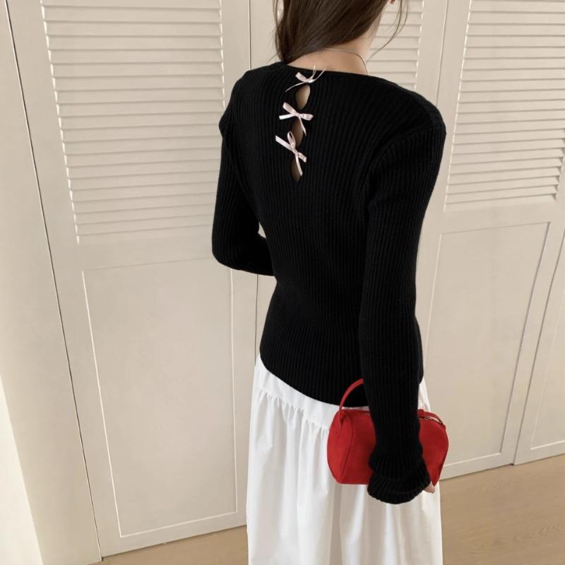 Crew neck back bow design sense knitted bottoming shirt autumn and winter new slim and thin sweater inner women