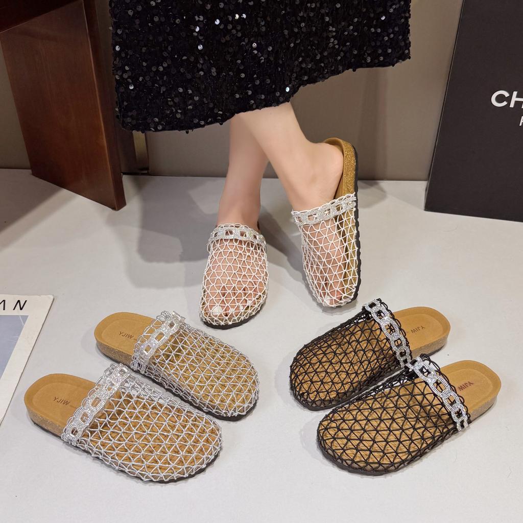 Summer New Fisherman Flat Bottom Round Head Baotou Half Slippers European and American Niche Fishing Net Woven Hollow Roman Cool Slippers