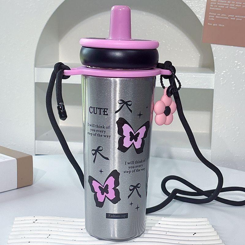 

Ceramic Inner Lined Style Large Capacity Travel Mug With Handle And Straw For Office Use Silver Butterfly