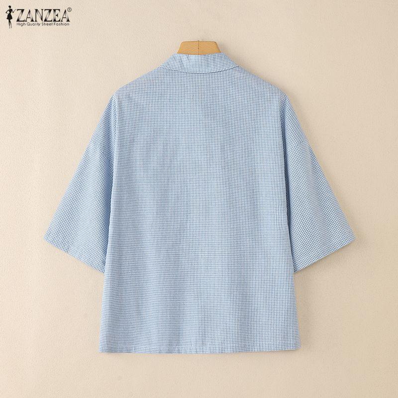 ZANZEA Women Turn Down Collar Loose Half Sleeve Casual Grid Print Blouse
