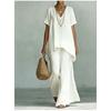 Fashion Loose Cotton Linen Short-sleeved Trousers 2 Piece Set Women Summer Casual V-neck Retro Female Wide-leg Trousers Suit