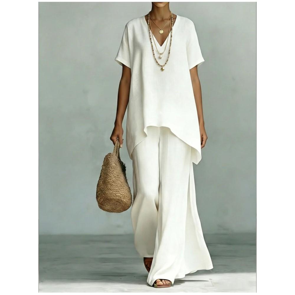 Fashion Loose Cotton Linen Short-sleeved Trousers 2 Piece Set Women Summer Casual V-neck Retro Female Wide-leg Trousers Suit
