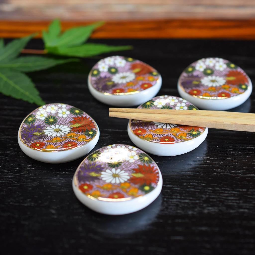 Waza No Stylish Japanese Kutani Ware Chopstick Set of with Gold Flower Round Japanese Cutlery Made In Japan Kura Rests, 5, Pattern, Pattern, Ceramic,