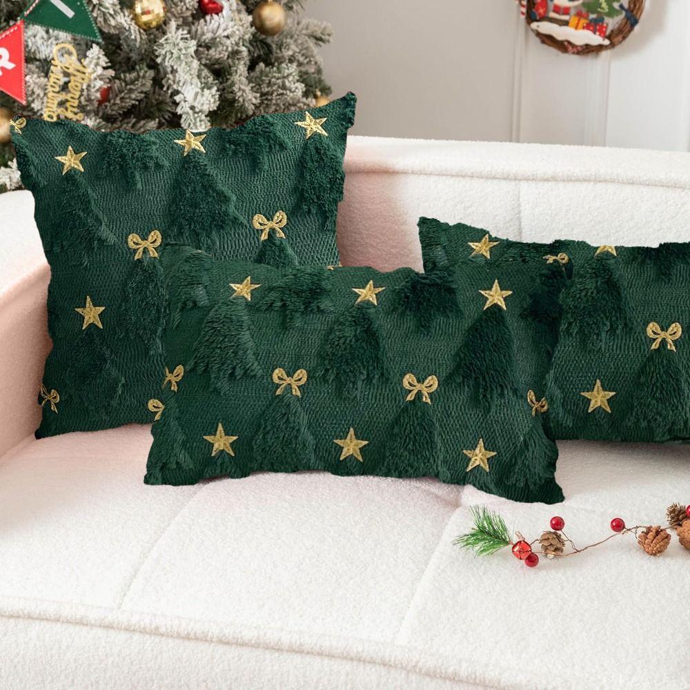 1PC Short Christmas Pillow Cover Soft Comfortable Throw Pillow Cover Embroidered Bowknot Five-pointed Star Xmas Tree Pillowcase