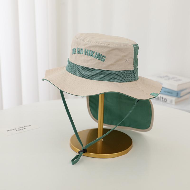 Kids Bucket Hat WEGO Letter Embroidery Color Block Thin Quick-Dry Sun Hat with Neck Flap UV Protection for Outdoor Activities
