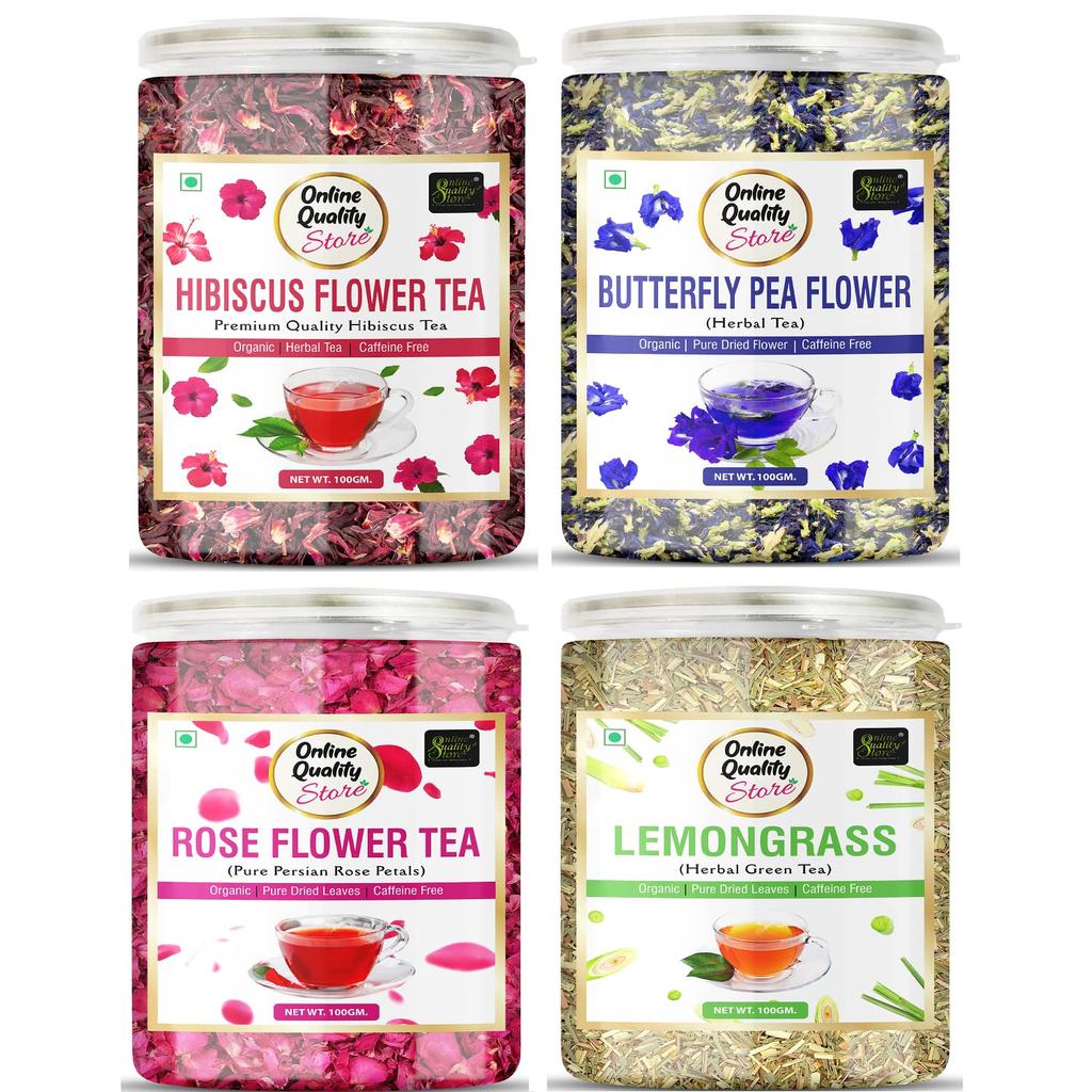 Online Quality Store Hibiscus, Butterfly Pea, Rose & Lemongrass Tea Combo - 400g (100g X 4 Pack) | Caffeine Free Herbal Infusion | Dried Petals &