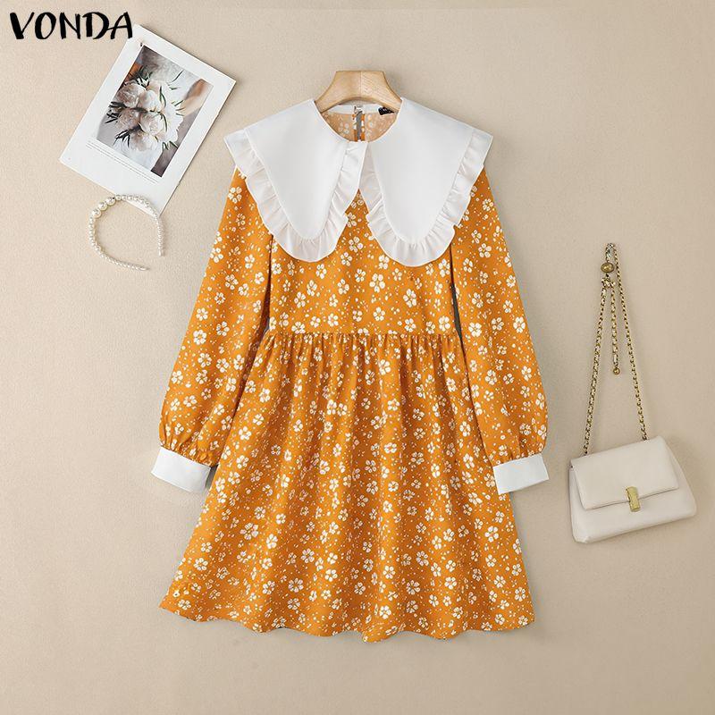 

VONDA Women Casual Doll Collar Floral Print Patchwork Long Sleeve Elegant Dress 2XL