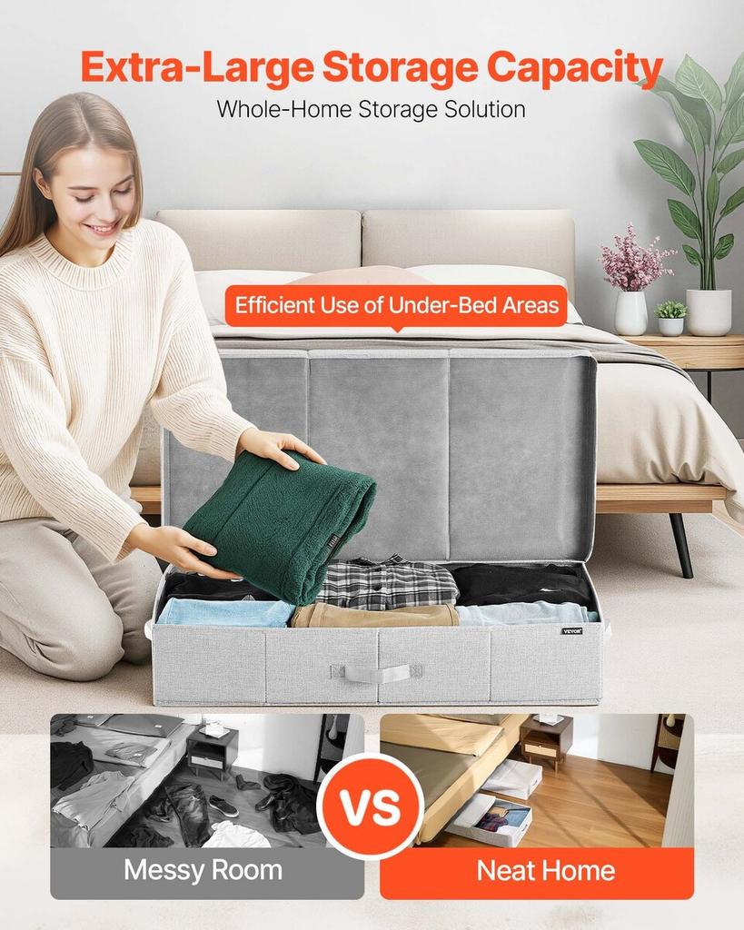 Under Bed Storage with Lids, 805 x 405 x 155 mm, 48L Large Underbed Clothes Storage Containers, Low Profile Gray Under Bed Drawer Shoe Organizer Bins