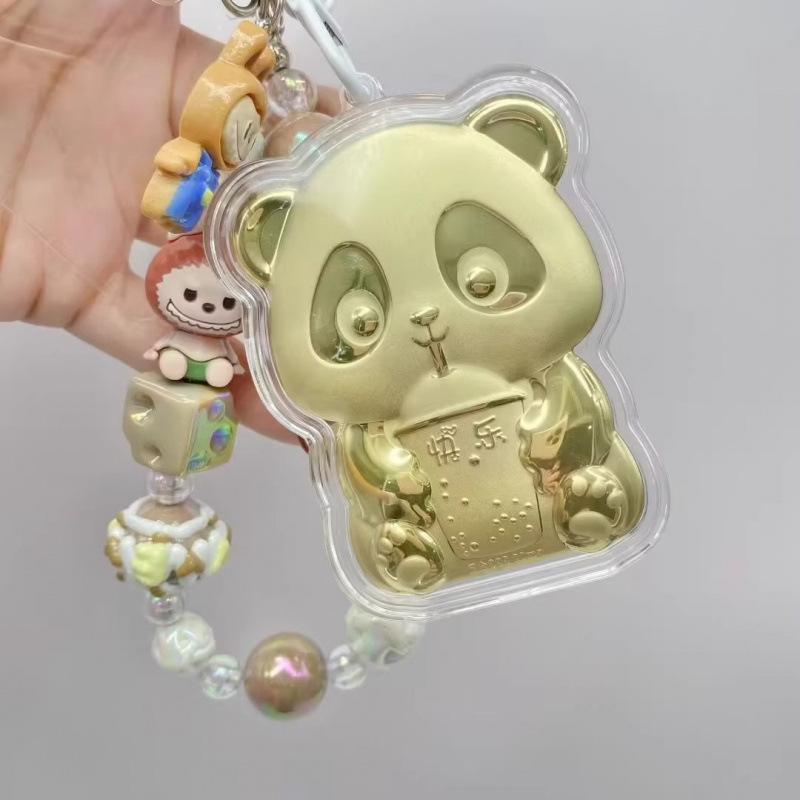 Golden Happy Panda Pure Gold 999 Keychain - Cute Milk Tea Panda Pendant for Girlfriend Without Gold