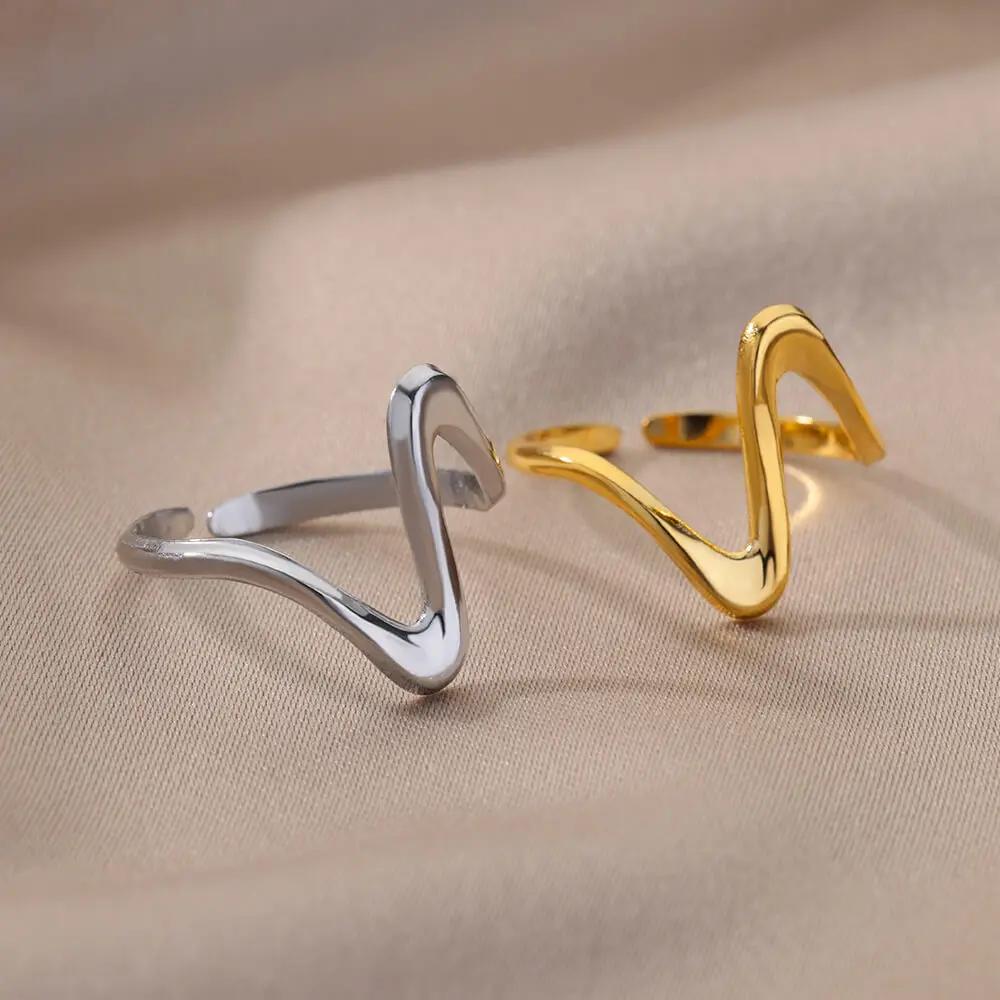 Vintage Stainless Steel Geometric Wave Rings for Women Gold Color Adjustable Rock Ring Aesthetic Wedding Trend Jewelry Gift