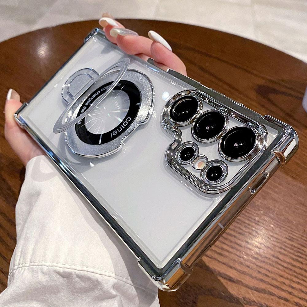 For Magsafe Plating Magnetic Plating Stand Phone Case For Samsung Galaxy S25 S24 S23 S22 Ultra S21 Plus S20 FE Clear Cover Case