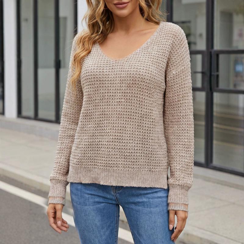 Women Sexy V Neck Backless Cross Strap Loose Pullover Knit Sweater