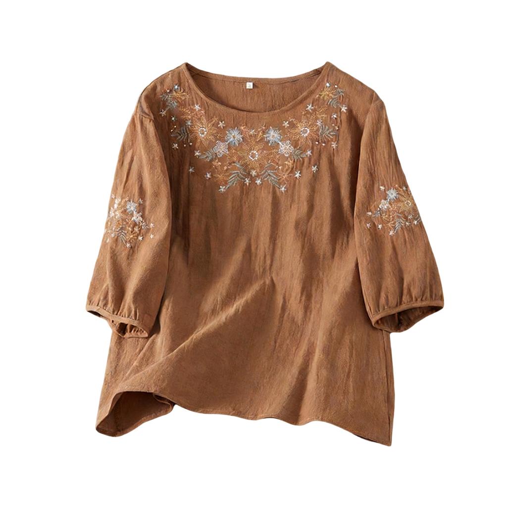 Damen lockeres, figurschmeichelndes Baumwoll-Leinen Rundhals-Dreiviertelarm Hemd Top