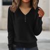 Women's Fashion V-Neck Button-Front Long-Sleeved Knit Top Solid Colour Loose-Fit Blouse
