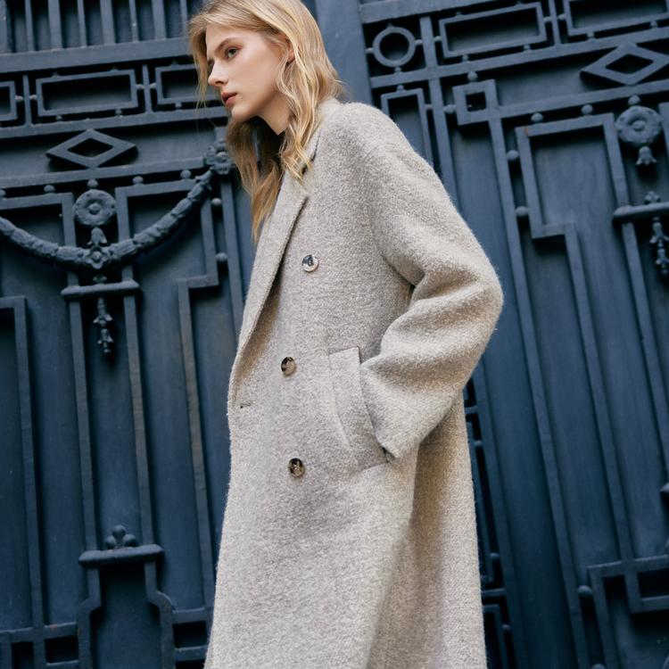 ELLE French Style Elegant Warm Mid-Length Solid Color Double-Breasted Coat Women Coats Beige EN49945