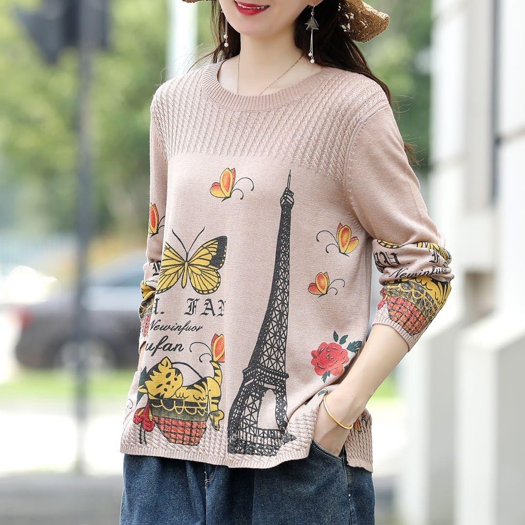 

Женский хлопковый свитер с круглым вырезом в корейском стиле, с состаренным принтом в стиле ретро, 2025 XL (145-155 jin)